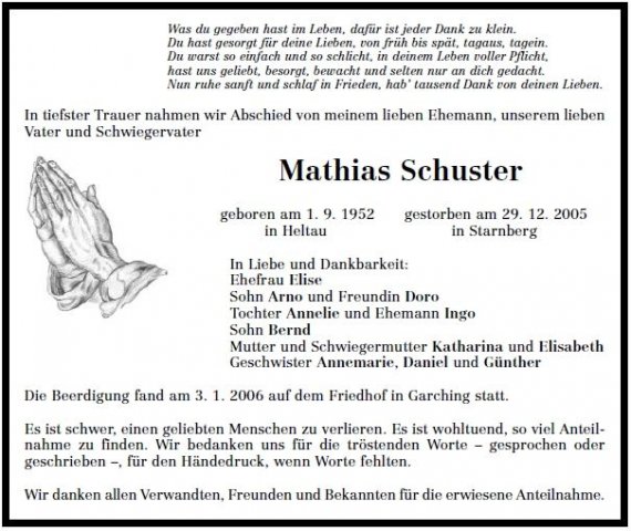 Schuster Mathias 1952-2005 Todesanzeige